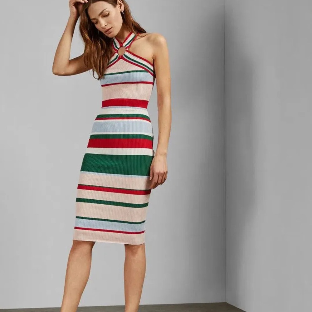NWT TED BAKER Striped Knit Halter Midi Dress in Red, Light Blue, Green & White